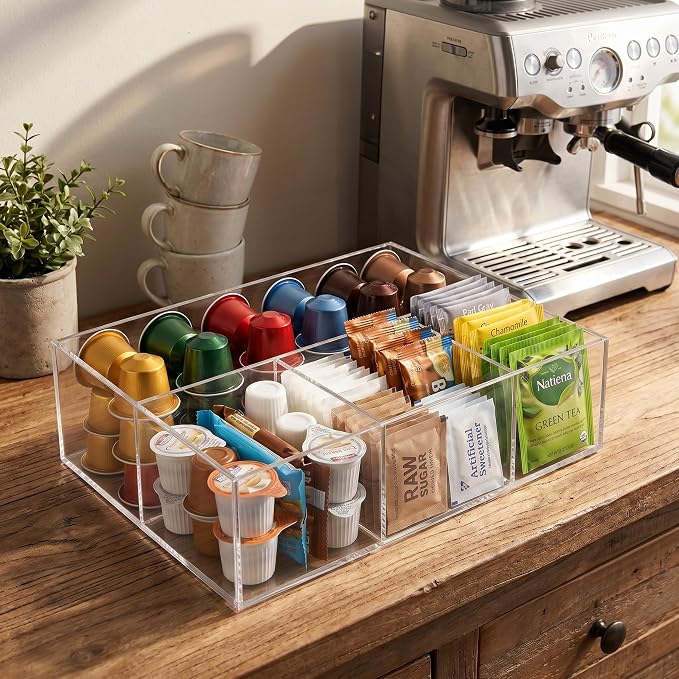 Acrylic Coffee Bar Station, Countertop Snack Tea Organizer & Condiment Tray | Syrup, Creamer, Sugar Packets & Tea Bags