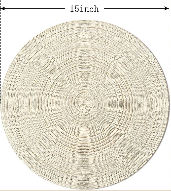 FunWheat Round Braided Placemats Set of 6 Easy Clean Place mats for Dining Tables Woven Heat Resistant Washable Table Mats 15 inches(Beige)