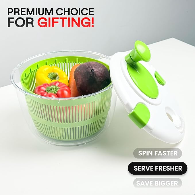 Salad Spinner | Spin & Dry Fruits, Vegetables & Greens Fast | Lettuce Washer with Dual Drain Holes | BPA-Free, Easy to Clean | 5.3 Quart Large Capacity