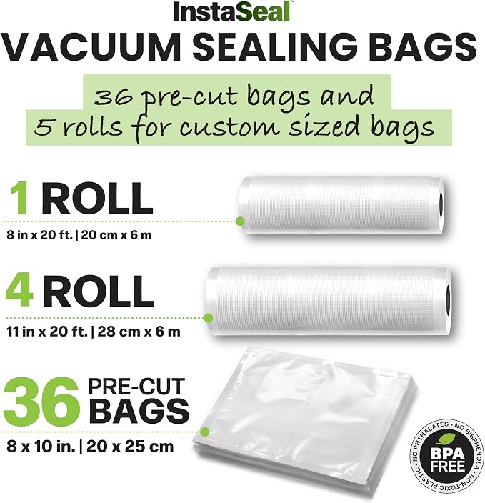 InstaSeal Vacuum Seal Bags for Food, 36 8 in x 10 in Pre-Cut Bags and 5 Rolls, Four 11 in x 16 ft Rolls and One 8 in x 20 ft Roll for Freezer Storage and Sous Vide Cooking