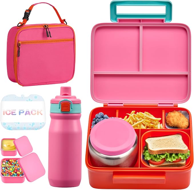 Bento Lunch Box for Kids with 8oz Soup Thermo, Leak-proof Lunch Food Containers with 5 Compartment, Insulated Lunch Bag & 17oz Stainless Steel Water Bottle for School, Trvael