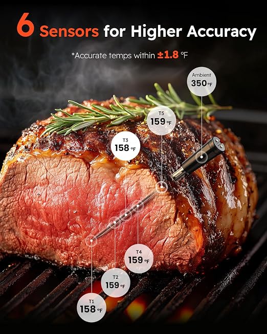 Smart Bluetooth Wireless Meat Thermometer with 6 Sensors,0.5S Instant Read | ±0.5°F digital thermometer, Standalone Base, APP Control & Real-Time Alert, 2 Ultra-Thin Probes for BBQ,Grill, Smoker,Oven