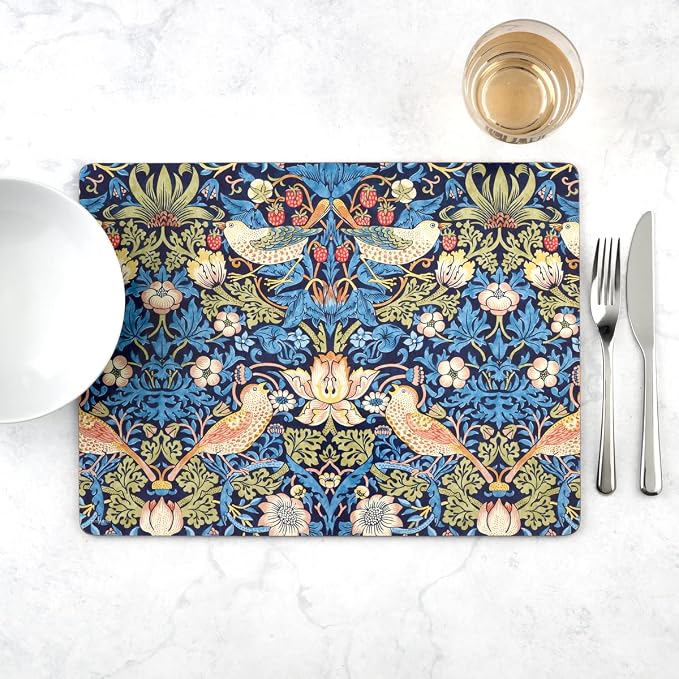 Pimpernel Morris & Co Strawberry Thief Blue Placemats, Set of 4 - Stain Resistant & Heat Safe Fabric-Feel Table Mats with Birds & Botanical Pattern for Stylish Dining & Entertaining