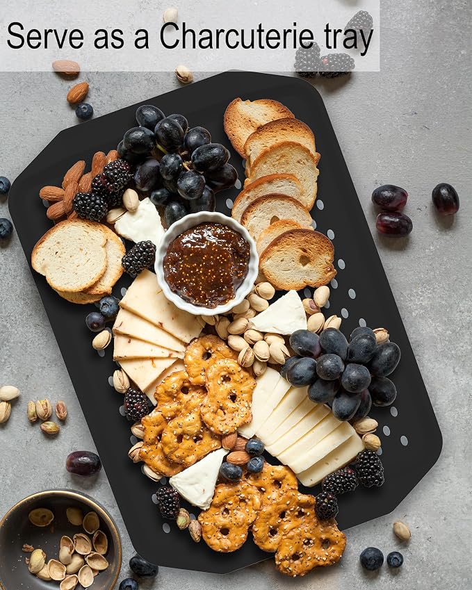 Czlizdyt Non Slip Serving Tray with Handles, Food Trays for Eating on Couch | Lap Trays for Breakfast Dinner Snack Fruit Appetizers Beverage, Rectangular, Set of 2, Black