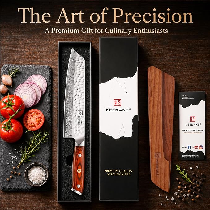 8" Damascus Chef Knife, VG10 Japanese Knife with Ash Sheath | Ultra Sharp 10° Edge Kiritsuke Kitchen Knife, 67 Layers Hand Forged Hammered Cooking Knife for Meat, Vegetable, Fruit, BBQ