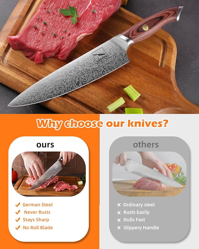 8" High Carbon Stainless Steel Kitchen Chef Knife, Redwood Handle, Textured Anti-Stick Blade, Rustproof & Dishwasher Safe, Effortless Chopping, Premium Gift Box