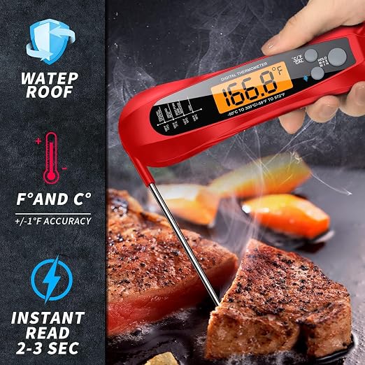 Therm Pro® Chef Meat Thermometer Digital, 1 Sec Instant Read, NIST® Certified Accurate to ±0.5℉, Ultra Bright LED Screen, 100% Waterproof, Auto-Rotate, for courtyard BBQ, Turkey, Candy, Liquids, bread