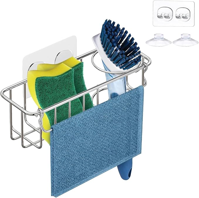 KESOL Rustproof Sponge Holder for Kitchen Sink, Suction Cups + Adhesive | In sink sponge holder stainless steel sponge holder, dish sponge holder, sink caddy brush holder 304 kitchen sink accessories