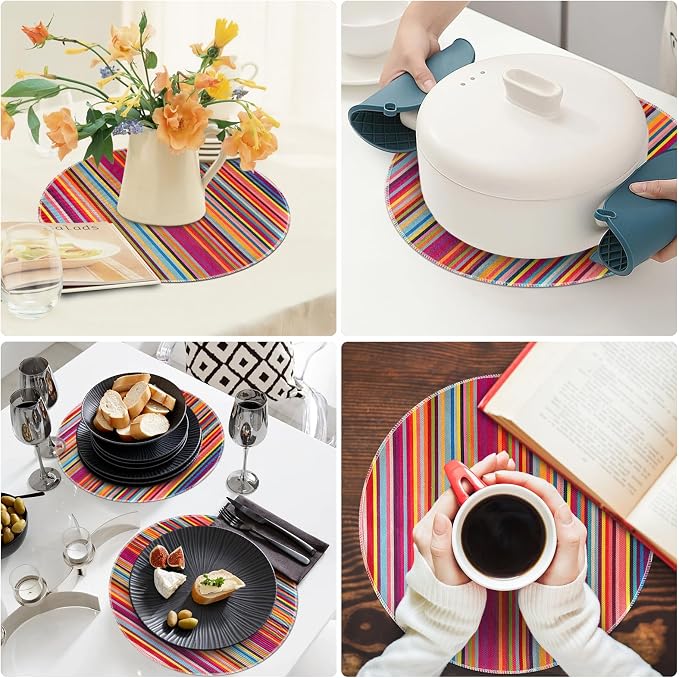 Bright Colorful Striped Round Placemats Set of 6, 12x18 Inch Mexican Rainbow Colored Geometric Pattern Table Mats for Holiday Party Kitchen Dining Room Decoration