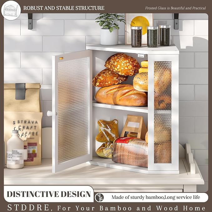 STDDRE Corner Bread Box Kitchen Countertop Extra Large Capacity Farmhouse Bread Box, Corner Countertop Storage, Double Layer Bread Holder (White, Extra Large)