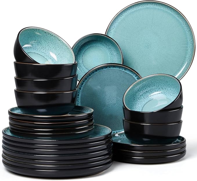 LIANYU 24 Piece Dinnerware Sets for 8, Ceramic Dishes Set, Pastel Turquoise | Modern Stoneware Plates and Bowls, Round Dinner Dinning Ware Set for Family Dinner, Dishwasher & Microwave Safe