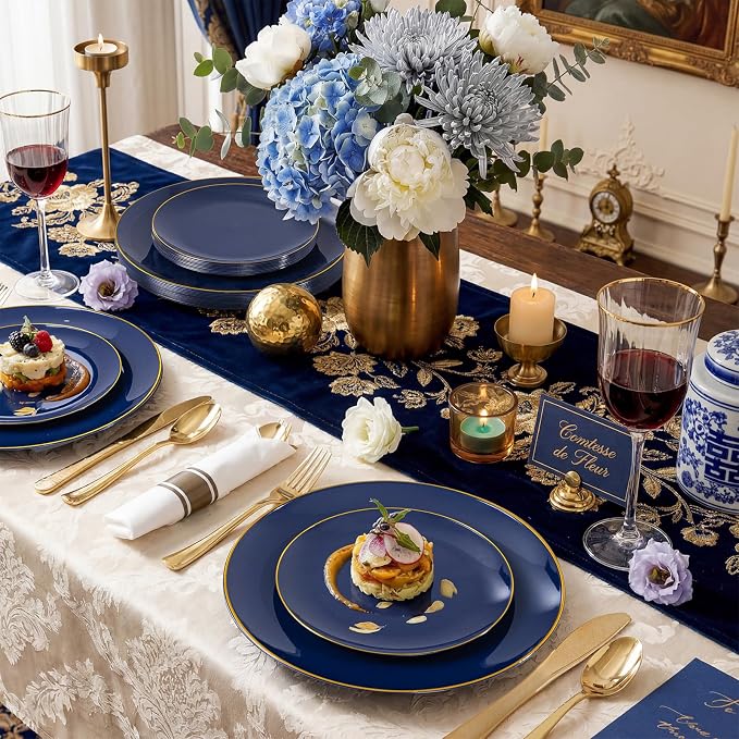 KIRE 175Pcs Blue Plastic Plates - Navy Blue Plates Disposable - 25 for Dinner 25 for Dessert 25 Pre Rolled Napkins with Gold Plastic Silverware and 25 Cups for 4th of July/Wedding/Party