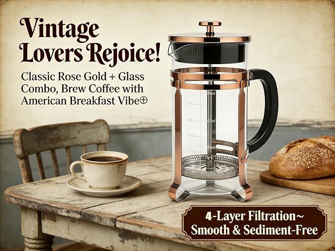 French Press Coffee Maker 34oz, Heat-Resistant Glass Coffee Maker-Bronze | Thickened Glass Stainless Steel, for Coffee, Cold Brew,Tea & Cocoa