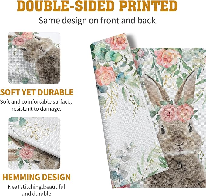 Easter Bunny Placemats Set of 4 Eucalyptus Leaves Rabbit Rose Place Mats 12x18 Inch Spring Seasonal Vintage Farmhouse Heat Resistant Washable Table Mats for Party Kitchen Dining