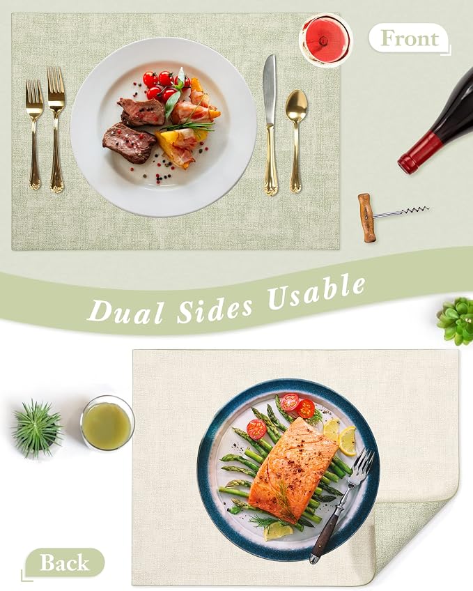 Leather Placemats Table Mats Set of 6, Light Green & Beige | Reversible Non-Slip Table Placemats, Heat-Resistant and Waterproof for Dining Kitchen and Holiday Parties