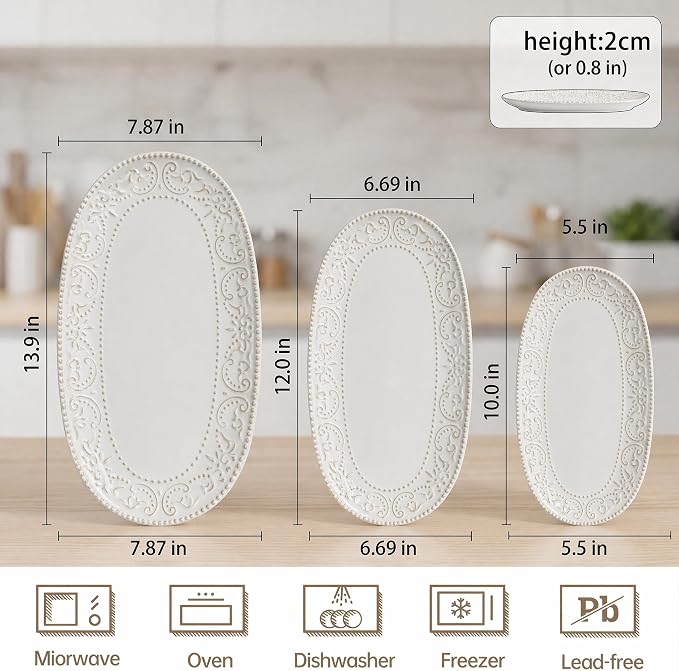 Serving Platters Set, 14"/12"/10" Oval Ceramic Serving Plates, Embossed Serving Trays for Party, Oven Dishwasher Safe, Vintage White Serving Dishes for Entertaining, Appetizers, Pasta, Sushi