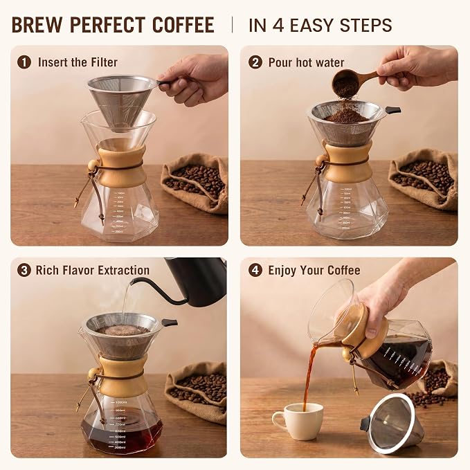 Pour Over Coffee Maker 34oz (1000ml), Borosilicate Glass Carafe with Wooden Handle & Diamond-Shaped Body, Double Layer Stainless Steel Filter, Drip Coffee Brewer for Home Camping Hiking