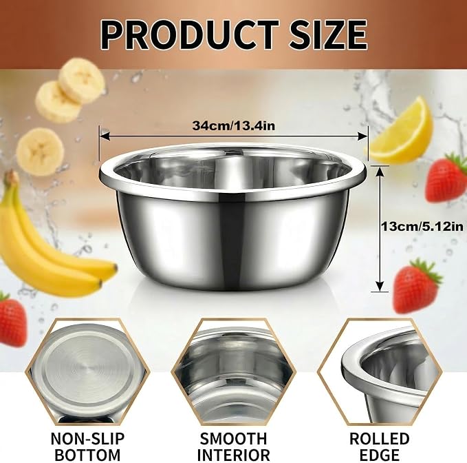 3 Pcs 8.24 Quart Stainless Steel Mixing Bowls, Large Oversized Metal Bowls | For Mixing, Baking, Serving, Marinating, Meal Prep, Home Kitchens And Commercial Use