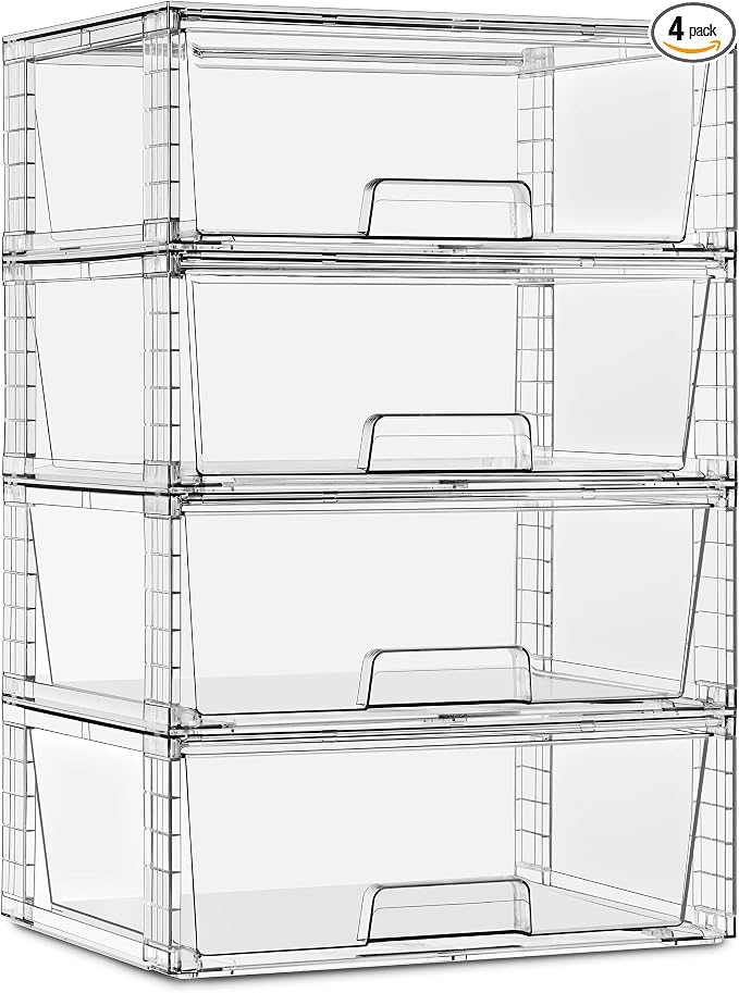 Sorbus Stackable Clear Storage Drawers, Pull-Out Organizer Bins – Large Plastic Drawer Organizers for Bathroom, Under Sink, Closet, Pantry & Kitchen Organization (4 Pack)