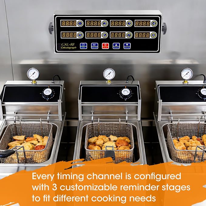 8-Channel Kitchen Timers for Cooking, Commercial Digital Timer with Independent Countdown Timers, Adjustable Volume, Stainless Steel Cooking Timer for Food Fryer, Restaurants, Baking