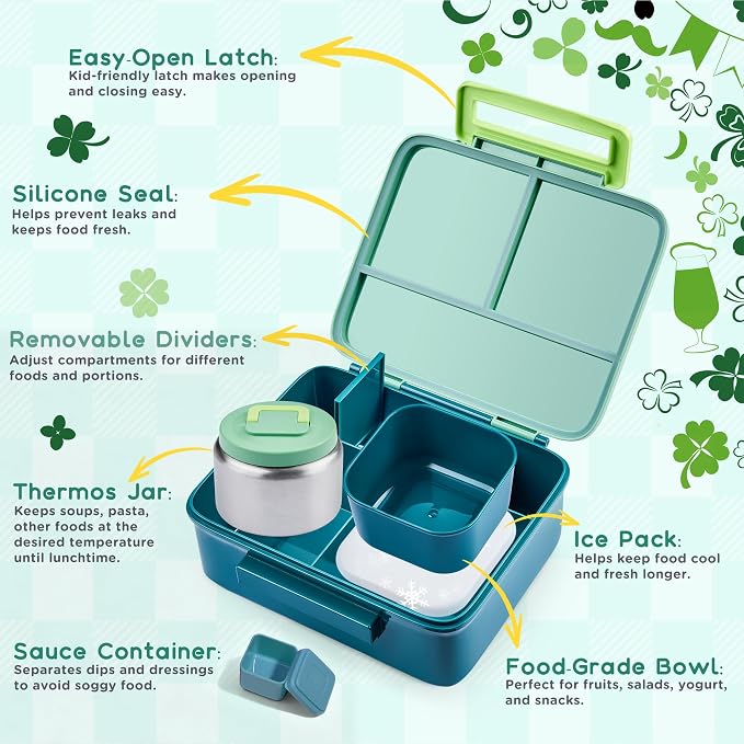 Bento Lunch Box for Kids with 8oz Soup Thermo Leak-Proof Lunch Food Containers with Snack Sauce Container for Kid Girls Boys to School, Green Bag