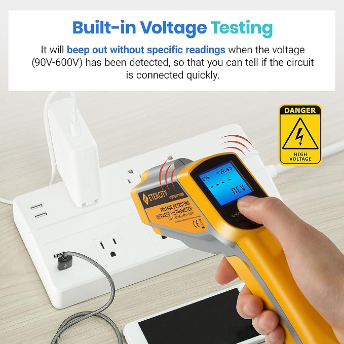 Etekcity Infrared Thermometer 1025D (Not for Human) Dual Laser Temperature Gun-58℉~1022℉ (-50℃~550℃) with Adjustable Emissivity, Non-Contact Voltage Tester (NCV), Standard Size, Yellow & Gray | Pizza Oven, Griddle, BBQ, Meat, HVAC, Engine, Electricians...