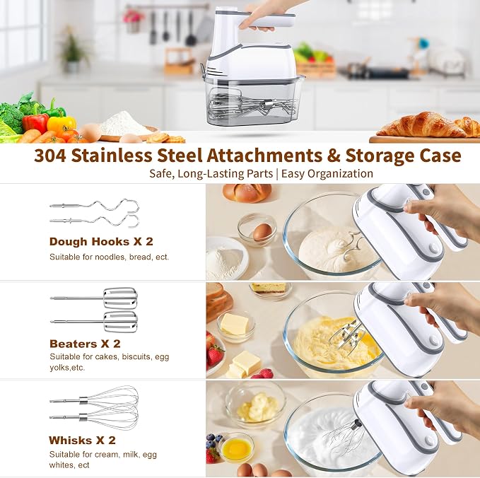 binROC Cordless Electric Hand Mixer, 12-Speed with Storage Case, White | Rechargeable, Eject Button, LED, Self-Stand, 6×304 Stainless Attachment, Overheat Protection, Quiet for Baking Dough Cake Egg