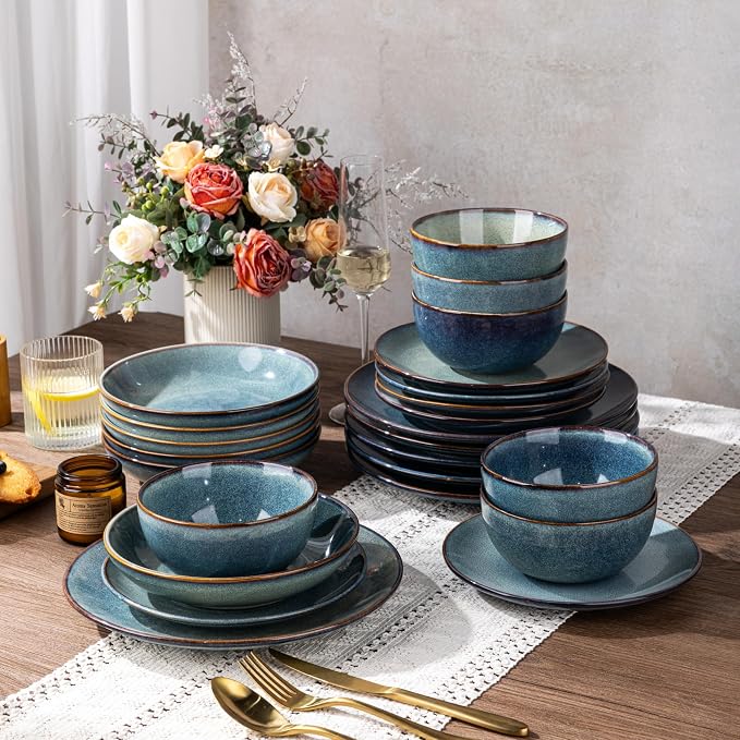 GBHOME Dinnerware Sets for 6, 24 Pieces Ceramic Plates and Bowls Set | Scratch Resistant Stoneware Dishes Set, Dishwasher & Microwave Safe, Reactive Glaze