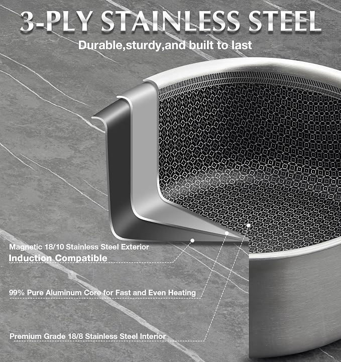 KOCH SYSTEME CS Hybrid Nonstick Stainless Steel Saucepan Set, 1QT & 2QT Triply Stainless Steel Saucepan Set with Hybrid Nonstick Honeycomb Interior, 4-Piece Sauce Pans, Induction Steel Pot Set