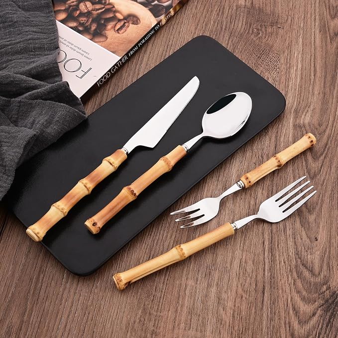 8 PCS Small Fork, 6.3 Inches Stainless Steel Dessert Forks with Bamboo Handle, Kitchen Flatware Cutlery Set, Use for Tasting Cakes Fruits and Appetizer, Mirror Polished