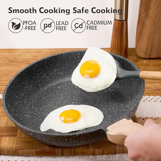Roomena 12in Nonstick Frying Pan Skillet, Omelette Pan, Egg Frying Pan, Non Stick Granite Fry Pans with Heat-Resistant Handle, Requires Installation, PFOA Free Chef's Pan, Induction Compatible