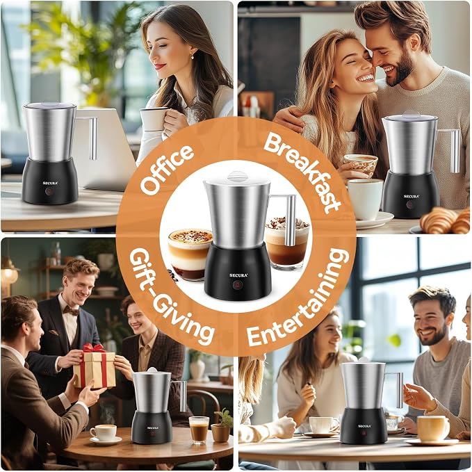 Secura Electric Milk Frother, 17oz Stainless Steel Hot & Cold Foam Maker | 304 Stainless Steel Jug, Teflon-Free & BPA-Free Design, Dishwasher-Safe, 4-in-1 Foam Maker, Create Latte, Hot Chocolate