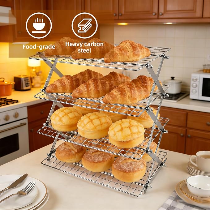 4 Tier Collapsible Cooling Rack Sourdough Cooling Rack 17"x10" | Cooling Racks for Cooking and Baking, Roasting, Grilling, Adjustable 6 Setting Design stackable, Oven & Dishwasher Safe