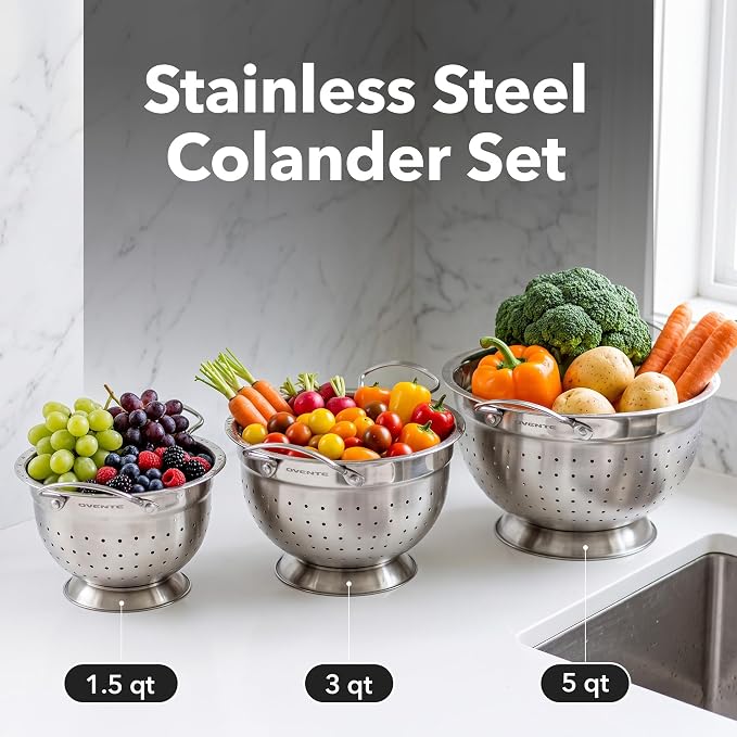 OVENTE Premium Stainless Steel Colander Set of 3, Silver C46263S | Comes with different sizes: 1.5, 3, 5 QT, Comfortable Large Handles, Ideal for draining pasta or Rinsing Vegetables or fruits