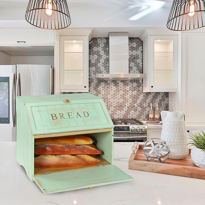 HOMEKOKO Retro Double Layer Large Bread Box for Kitchen Counter, Mint Green | Keeps Bread Fresh 3-4 Days, 2-Tier Capacity Fits 2+ Loaves,Suitable For Farmhouse/Rustic Kitchens Use, Retro Design