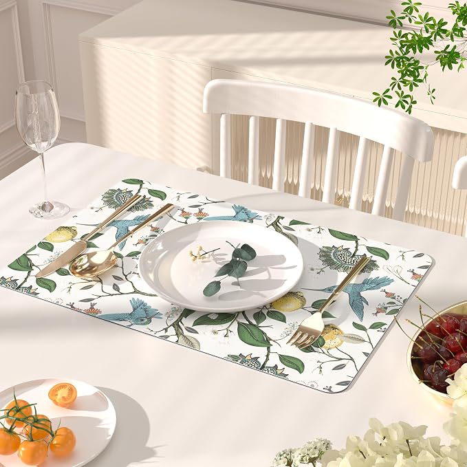 QIYI Leather Placemats Set of 6, 12"x18" Waterproof Table Mats, Hummingbird | Faux Leather, Heat Resistant, Anti Slip, Wipeable Place Mats for Kitchen Dinning, Party Table Décor, Vintage Lemon Trees