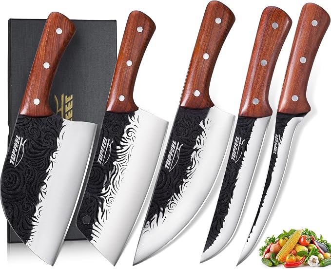 Topfeel 5PCS Hand-Forged Butcher Knife Set, High Carbon Steel | 7-inch chef and slicer, 7.5-inch cleaver and boning knives, 8-inch butcher knife, full-tang rosewood handles, gift box