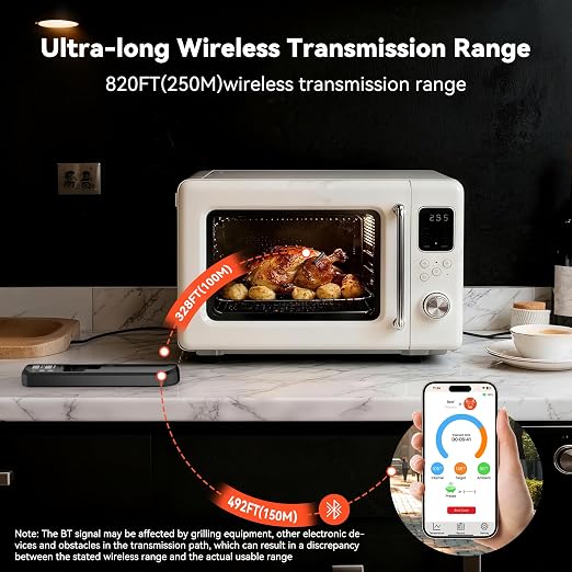 TechRise Bluetooth Wireless Meat Thermometer with APP,Wireless Meat Thermometer Digital for Oven,Smoker,Air Fryer,Kitchen Cooking,Instant Read Digital Probe with Alarm, Long Range,Rechargeable,Black