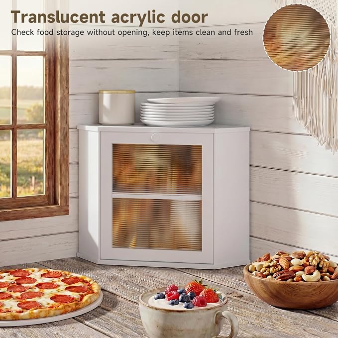 Bread Box for Kitchen Corner Countertop,Large Bread Basket (White, Large) | Double Layer Bamboo Bread Storage Container for Kitchen Countertop,Height Adjustable