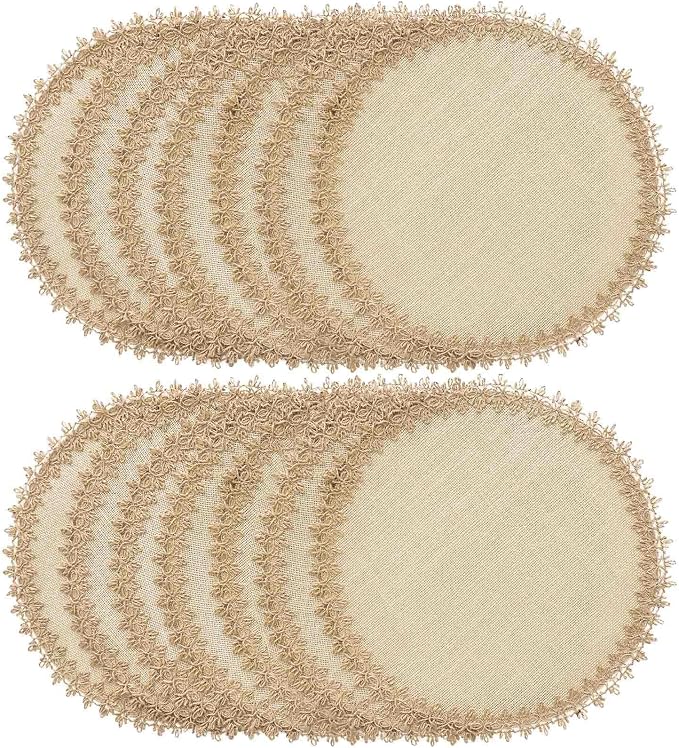 FunWheat Burlap Round Braided Placemats Set of 12 for Dining Tables 15 Inch Heat Resistant Jute Table Mats Farmhouse Woven Fabric Natural Place mats for Fall Decoration(Jute Lace)