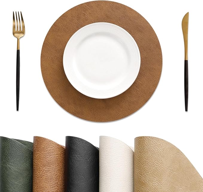 MOSAYT 13 Inch Round Vinyl Placemats Set of 6 - Faux Leather 100% Waterproof Oil-Proof Wipeable PU Place Mats, Heat Resistant Reversible Table Mats for Kitchen, Dining, Outdoor, Reddish Brown