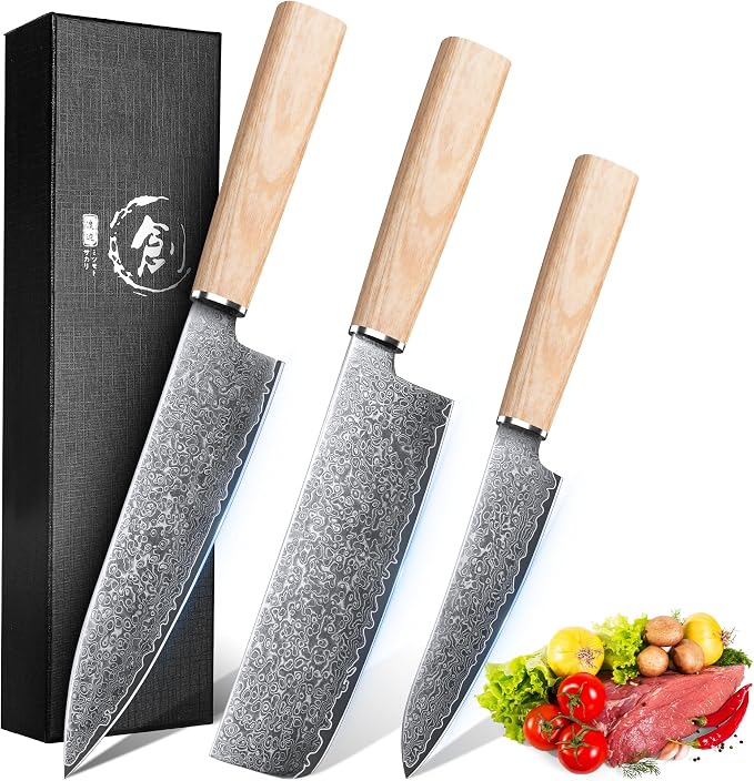 ROCOCO Damascus Chef Knife Set - 3PCS Japanese Nakiri Utility Paring Knives | Sharp Gyuto Meat Cleaver for Home Kitchen Gift Idea