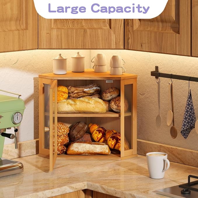 Corner Bread box for Kitchen Countertop,Farmhouse Bread Box with Acrylic Wavy Door Panel,Large Bread box for kitchen countertop,Kitchen Countertop Food Storage Container (Natural, Meduim)