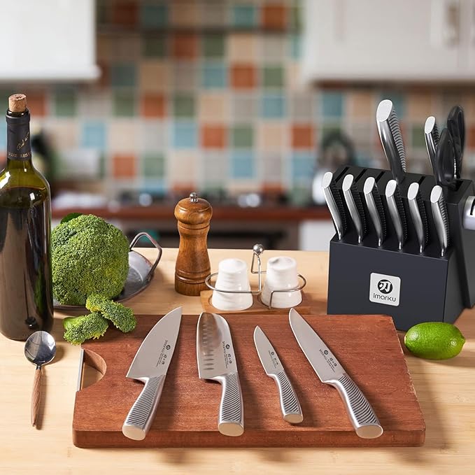 imarku 14 Pcs High-Carbon Stainless Steel Kitchen Knife Set Black | 56±2 HRC Hardness | Build-in Sharpener | Full Tang Ergonomic Handle | Dishwasher Safe | Gifts for Men