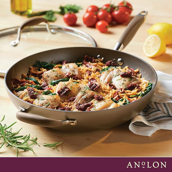 Anolon Advanced Home Hard-Anodized Nonstick Deep Frying Pan with Lid, Saute Pan, 12-Inch, Bronze