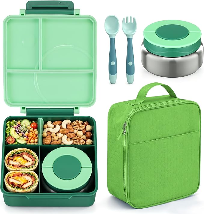 Bento Lunch Box Set for Kids with 8oz Soup Thermo, Leak-Proof Lunch Containers with 4 Compartment, Kids Thermo Hot Food Jar and Insulated Lunch Bag for Kid to School-Green