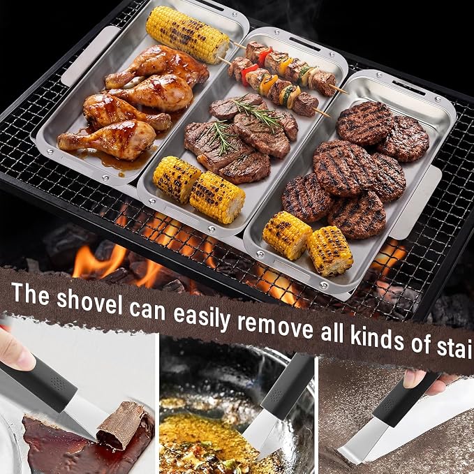 BBQ Vegetable Grill Basket Set, 4 Piece Stainless Steel Grill Pan Set with Universal Handle & lid, Dishwasher Safe, for Outdoor Cooking, Camping, Picnic, For Grilling Fish Veggies & Meats