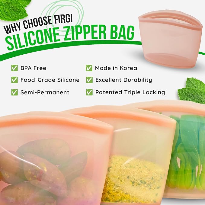 Reusable Silicone Food Storage Bags, 3-Pack Variety Set (2, 3.5, 6 Cups), Made in Korea BPA-Free Silicone, Triple-Airtight Freezer Bags, Microwave Safe, Sous Vide, Zip Lock Pouch, Brown