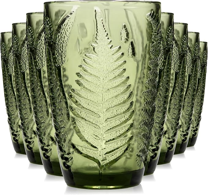 Green Drinking Glasses Set of 8, 12 oz Glass Cups, Vintage Fern Glassware | Hand-Pressed, Dishwasher Safe, Boho Leaf-Textured Drinkware, Embossed Highball Tumblers for Water, Retro Kitchen Gift
