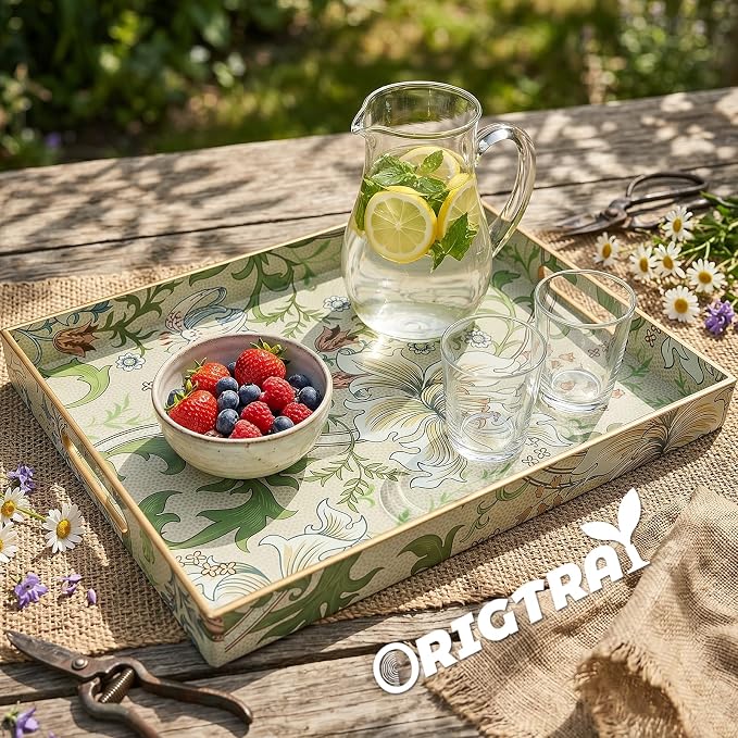 Serving Tray with Handles, Rectangular Plastic Tray with Floral Artwork – 15.75"x11.81" Large Decorative Tray Featuring Lily & Tulip Design – Home Decor for Kitchen, Coffee Table, Office & Home